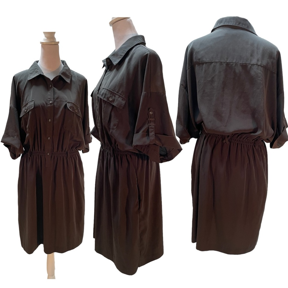 GAP Dark Gray Elastic Waist Short Sleeve Knee Length Silky Dress Size Large